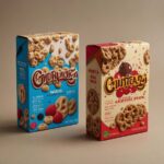 Custom-printed mini cereal box packages with colorful designs