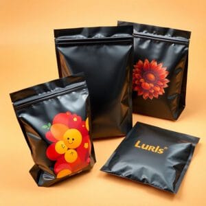 Glossy custom printed Mylar bags with vibrant branding