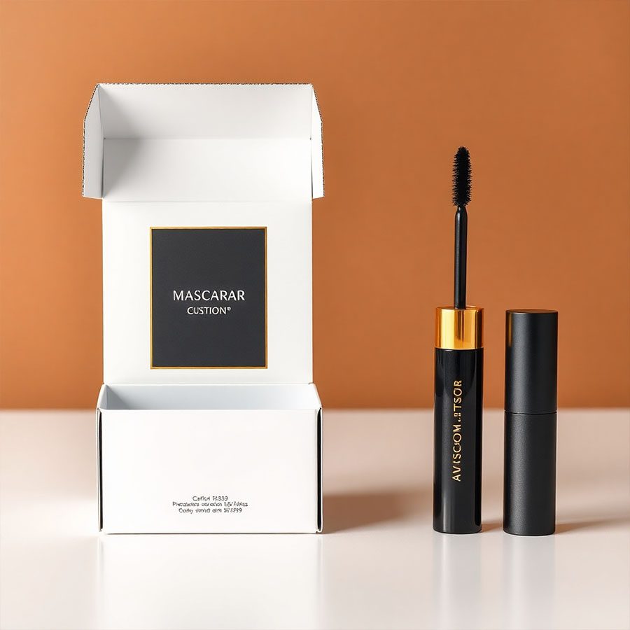Glossy mascara box packaging in black and gold