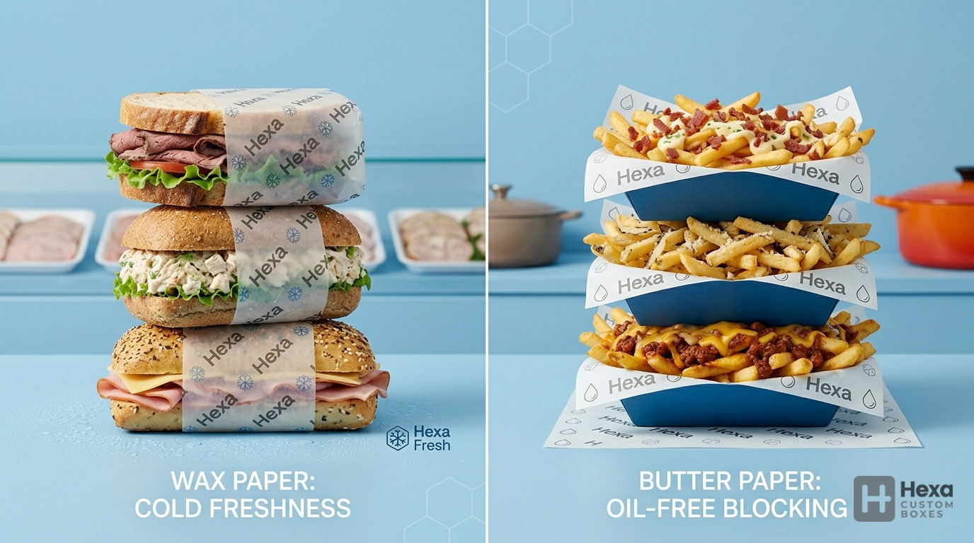 Wax Paper vs. Butter Paper: A Guide for Brands 1 A comparative photograph showing cold deli sandwiches wrapped in wax paper on the left, and hot, oily loaded fries served on butter (greaseproof) paper on the right, highlighting their different heat and grease tolerances.