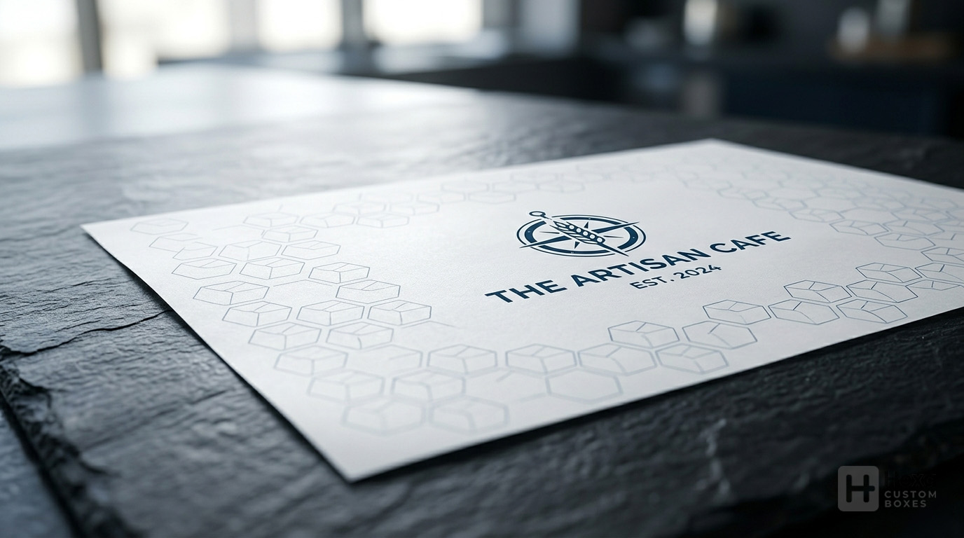 Wax Paper vs. Butter Paper: A Guide for Brands 2 A macro photograph of a custom-printed greaseproof paper wrap featuring a crisp, professional cafe logo and branded pattern, showcasing Hexa’s precise, food-safe printing capabilities.