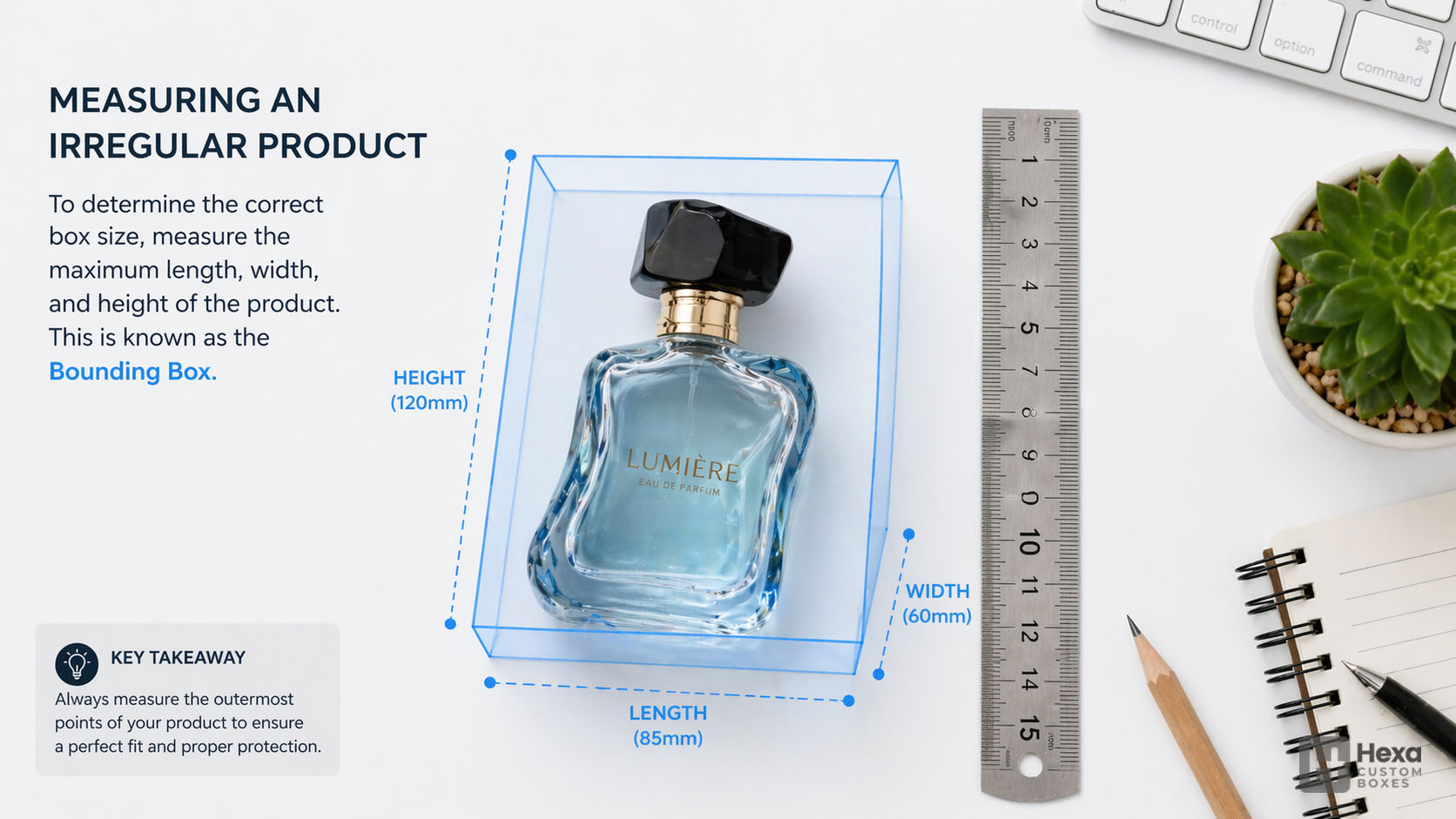 Measure Box Dimensions: Length x Width x Height Guide 2 A top-down photograph demonstrating the bounding box technique to measure the maximum length, width, and height of an irregular glass bottle.