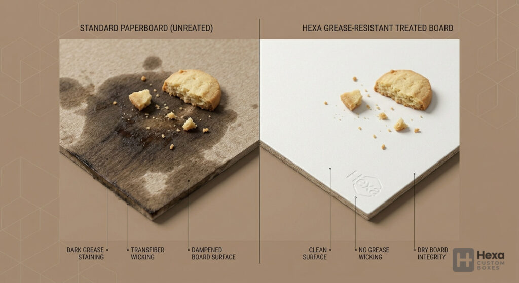 Bakery Packaging Guide: Materials, GSM & Box Styles 3 To provide a visual "Warning" of what happens without proper grease-barrier treatments.