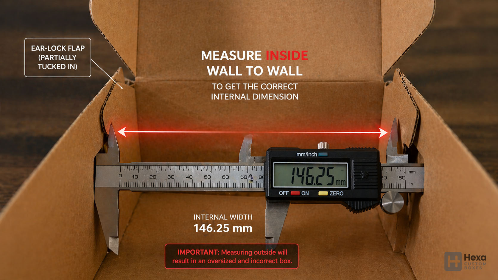 Measure Box Dimensions: Length x Width x Height Guide 3 A focused close-up showing digital calipers measuring the inner width of an ear-lock mailer box to illustrate the correct method that accounts for double-wall thickness.