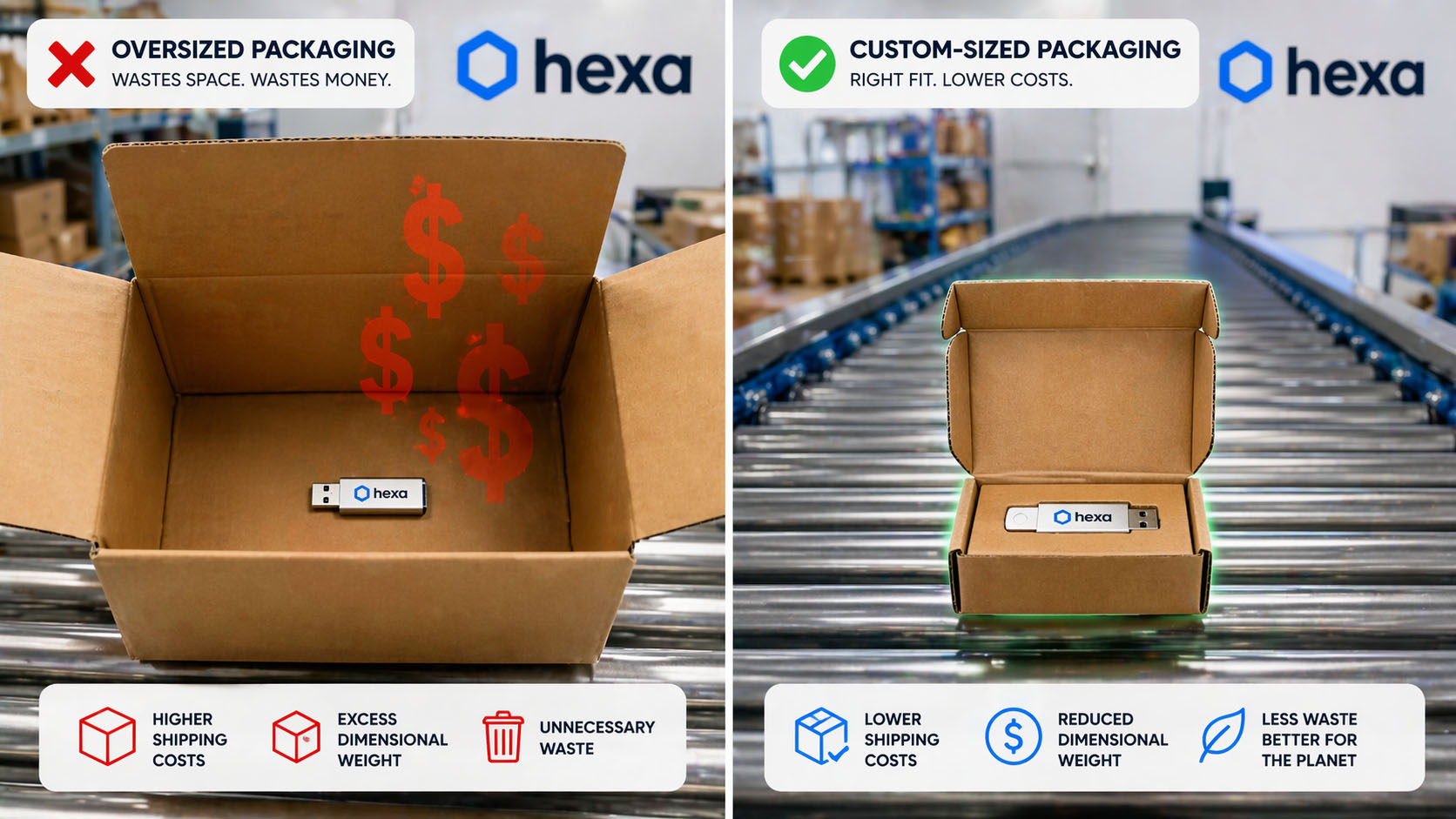Measure Box Dimensions: Length x Width x Height Guide 5 A comparative image showing an oversized box on the left, leading to empty space and high shipping costs, versus a custom-sized, optimized box on the right.
