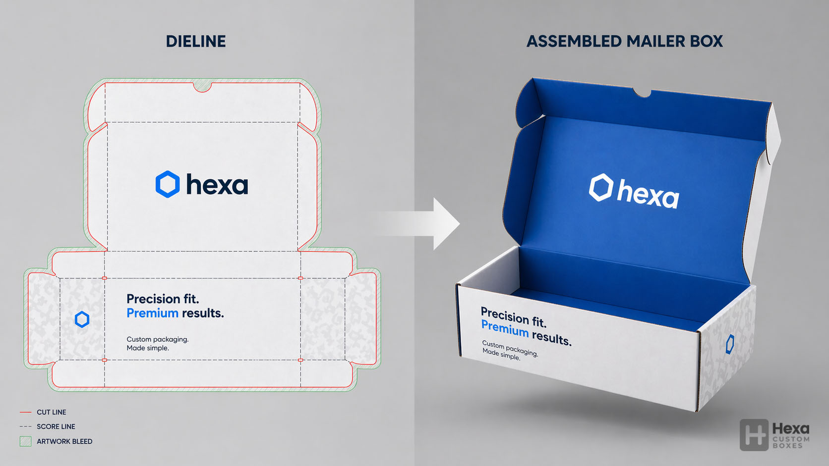 Measure Box Dimensions: Length x Width x Height Guide 6 A comparative view showing a flat 2D dieline on the left and its corresponding 3D assembled branded mailer box on the right, visualizing Hexa's engineering process.