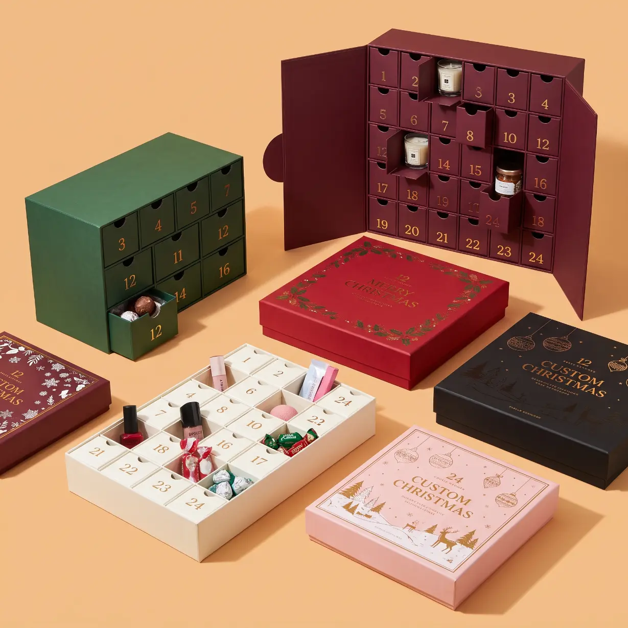 custom advent calendar cardboard boxes with numbered perforated doors and full color seasonal print