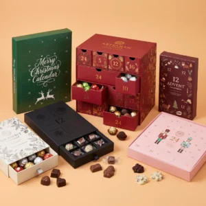 Home - Custom Printed Boxes 73 custom advent calendar chocolate boxes with 24 numbered doors and food-safe thermoformed PET tray insert