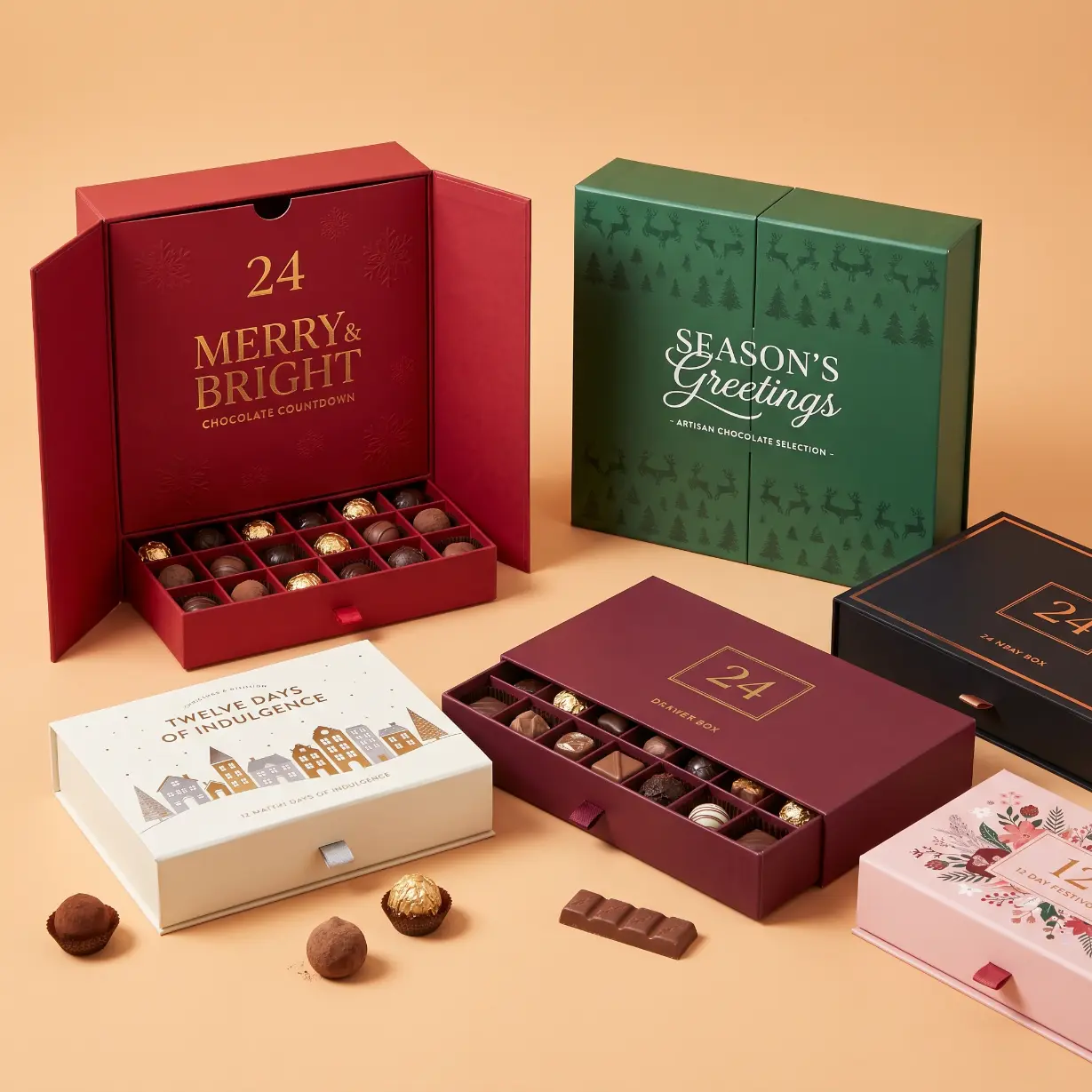 custom advent calendar chocolate boxes with 24 numbered doors and food-safe thermoformed PET tray insert