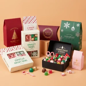 Home - Custom Printed Boxes 75 custom Christmas candy boxes in red and gold with window tuck ballotin and pillow box formats