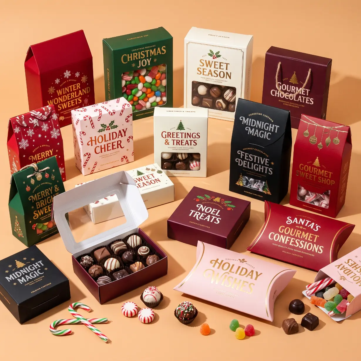 custom Christmas candy boxes in red and gold with window tuck ballotin and pillow box formats