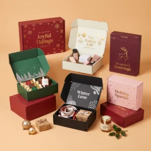 Home - Custom Printed Boxes 73 custom Christmas mailer boxes with seasonal exterior print and branded inside lid creating doorstep unboxing moment