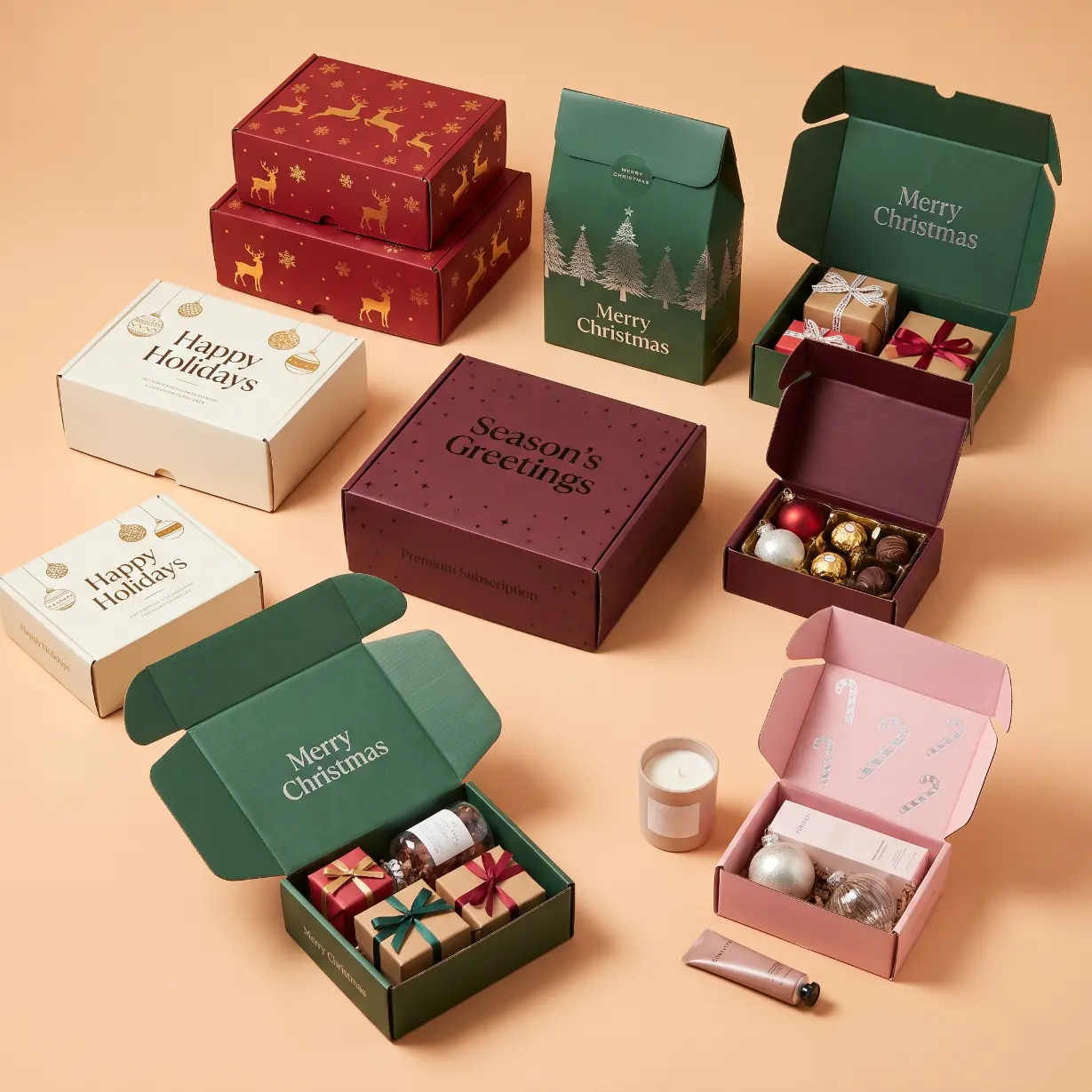 custom Christmas mailer boxes with seasonal exterior print and branded inside lid creating doorstep unboxing moment