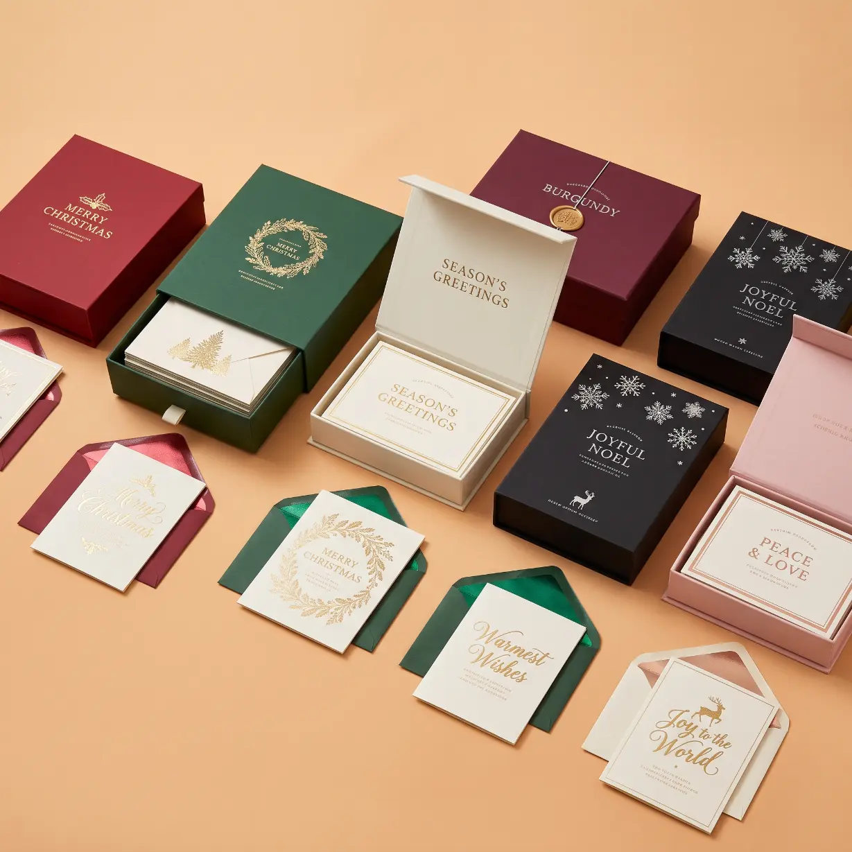 custom boxed Christmas cards with window lid showing card design and branded exterior for corporate holiday program