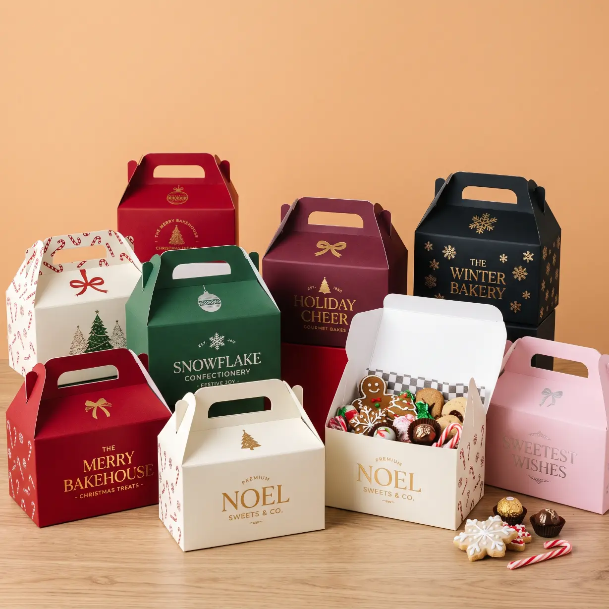 custom Christmas gable boxes in red and kraft with seasonal print and built-in handle for holiday gifting
