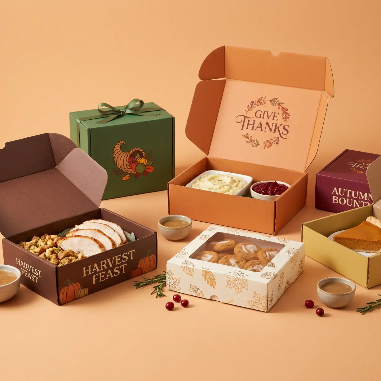 custom Thanksgiving food boxes in kraft and white SBS with autumn harvest print for bakery and catering