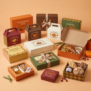 Home - Custom Printed Boxes 75 custom Thanksgiving food boxes in kraft and white SBS with autumn harvest print for bakery and catering