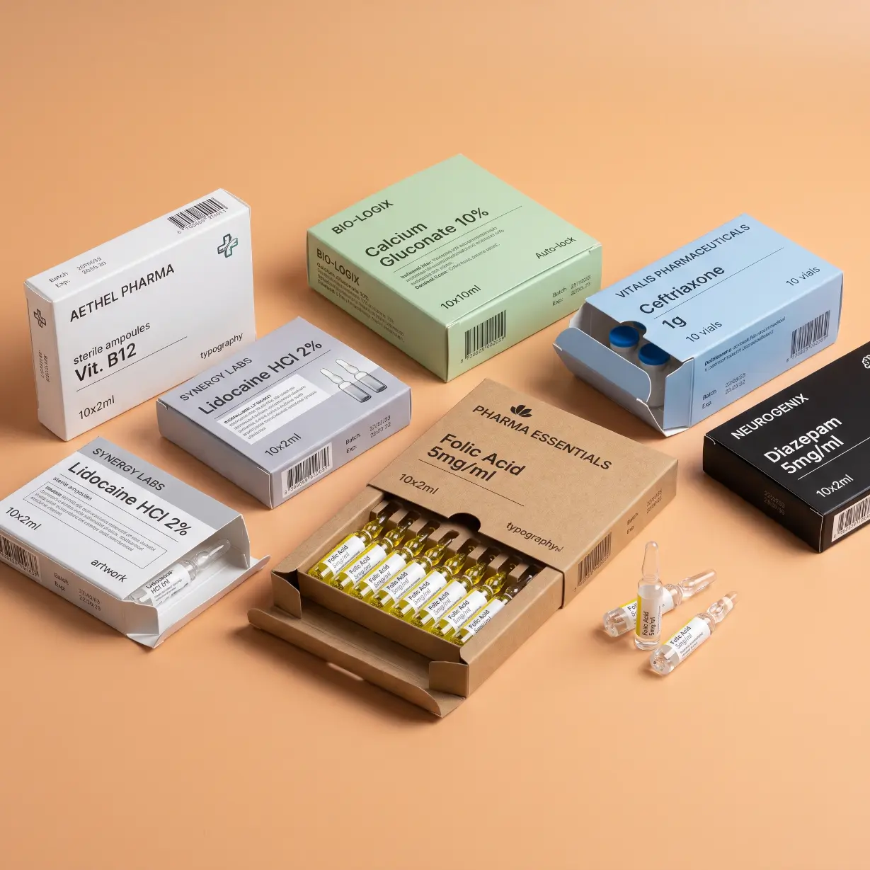 custom ampoule boxes with multi-ampoule tray insert showing neck protection for pharmaceutical glass ampoules