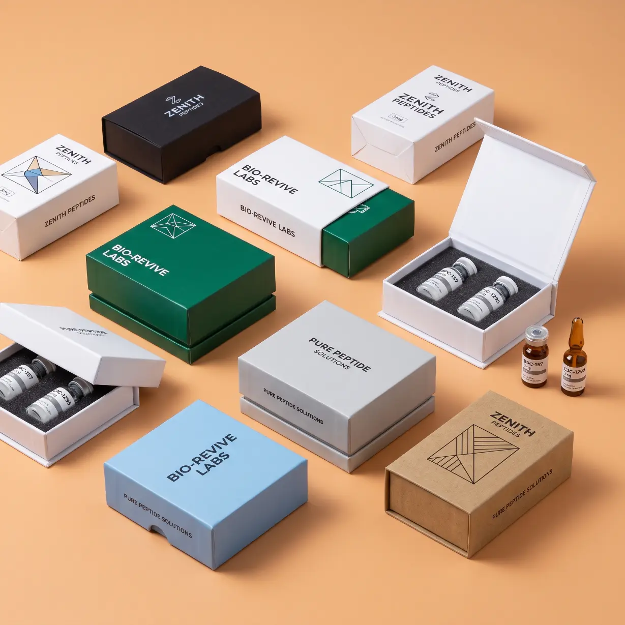 custom peptide boxes in rigid magnetic and folding carton formats for research and commercial brands