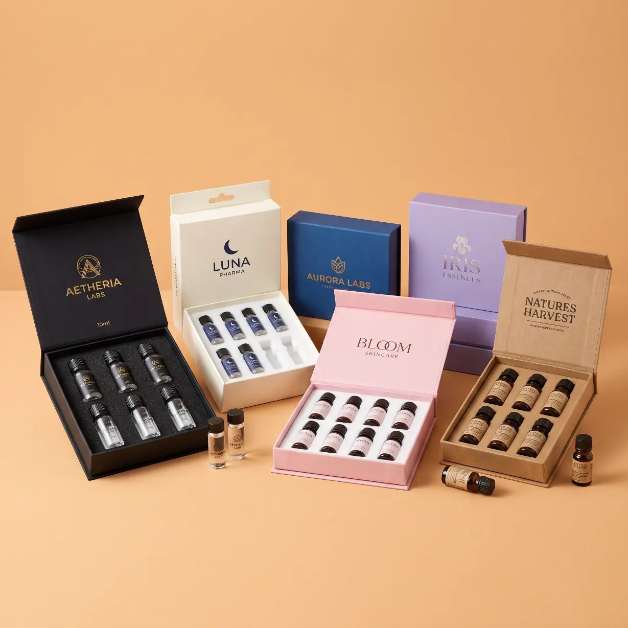 custom vial boxes with EVA foam insert holding 10ml glass vial in precision-cut cavity