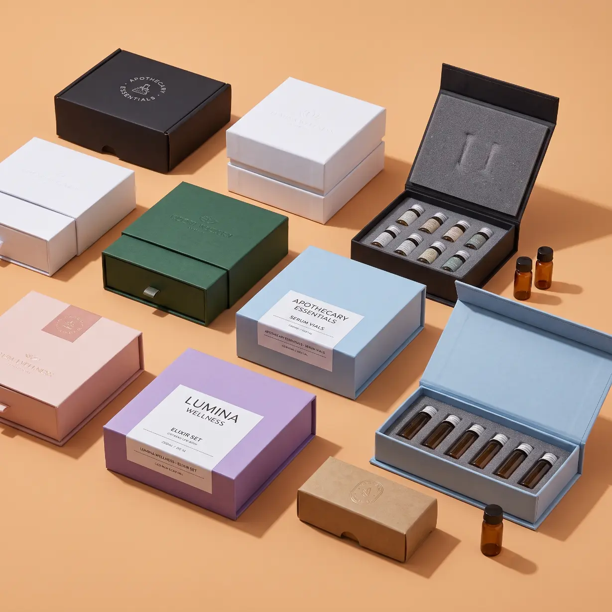 custom vial boxes with inserts showing EVA foam cardboard and molded pulp insert options