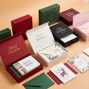 Home - Custom Printed Boxes 73 custom boxed Christmas cards with window lid showing card design and branded exterior for corporate holiday program