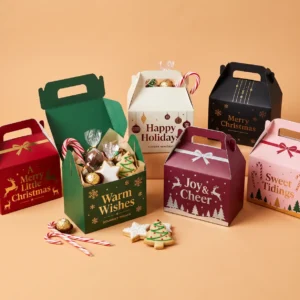 Home - Custom Printed Boxes 73 custom Christmas gable boxes in red and kraft with seasonal print and built-in handle for holiday gifting