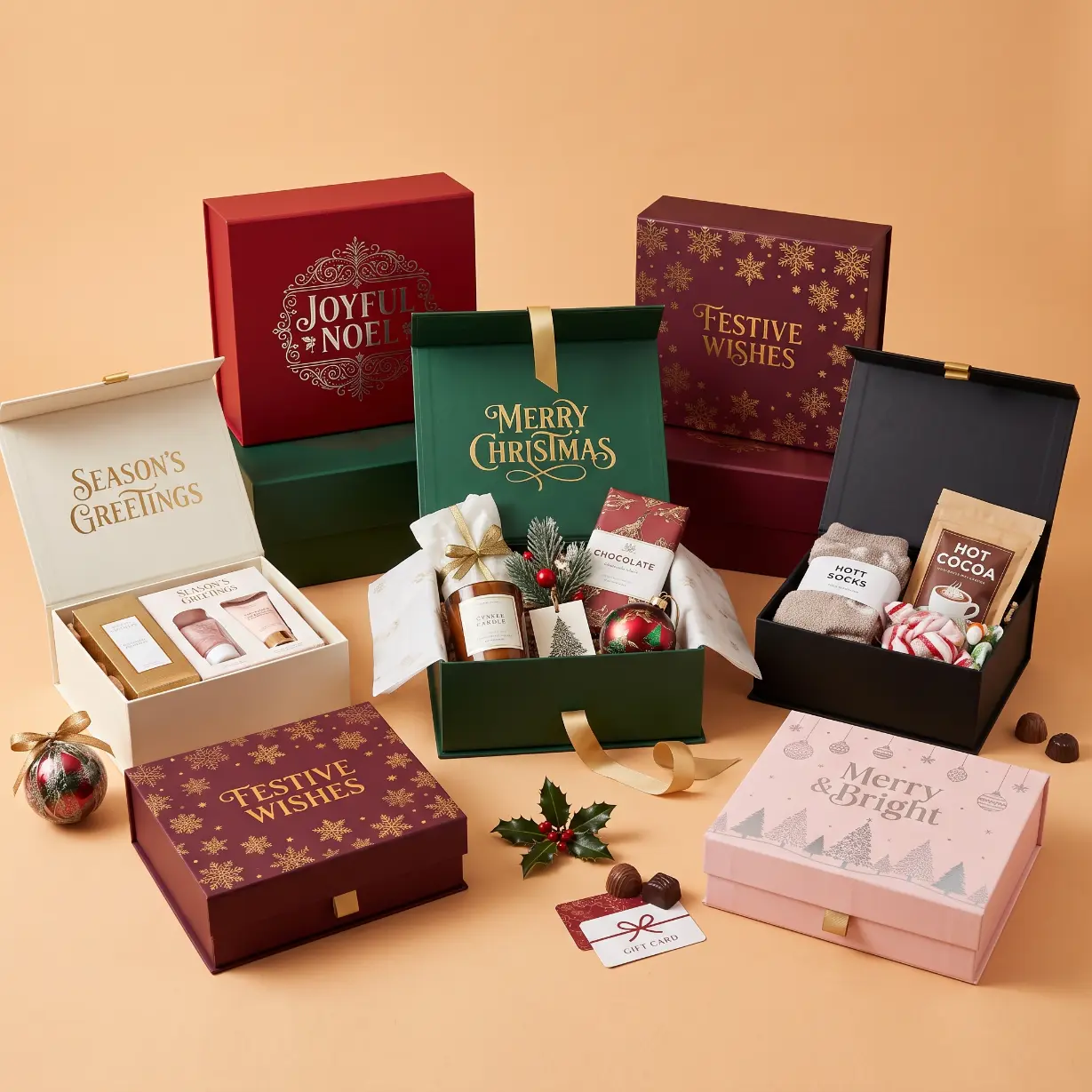 custom Christmas boxes with lids in full telescope and partial telescope styles for holiday gift packaging